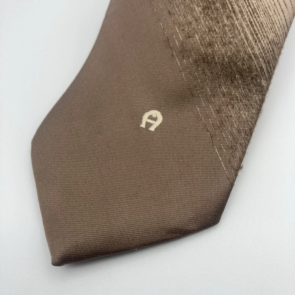 Etienne Aigner Neck Tie Tan‎ Brown Stripe  Logo Mens